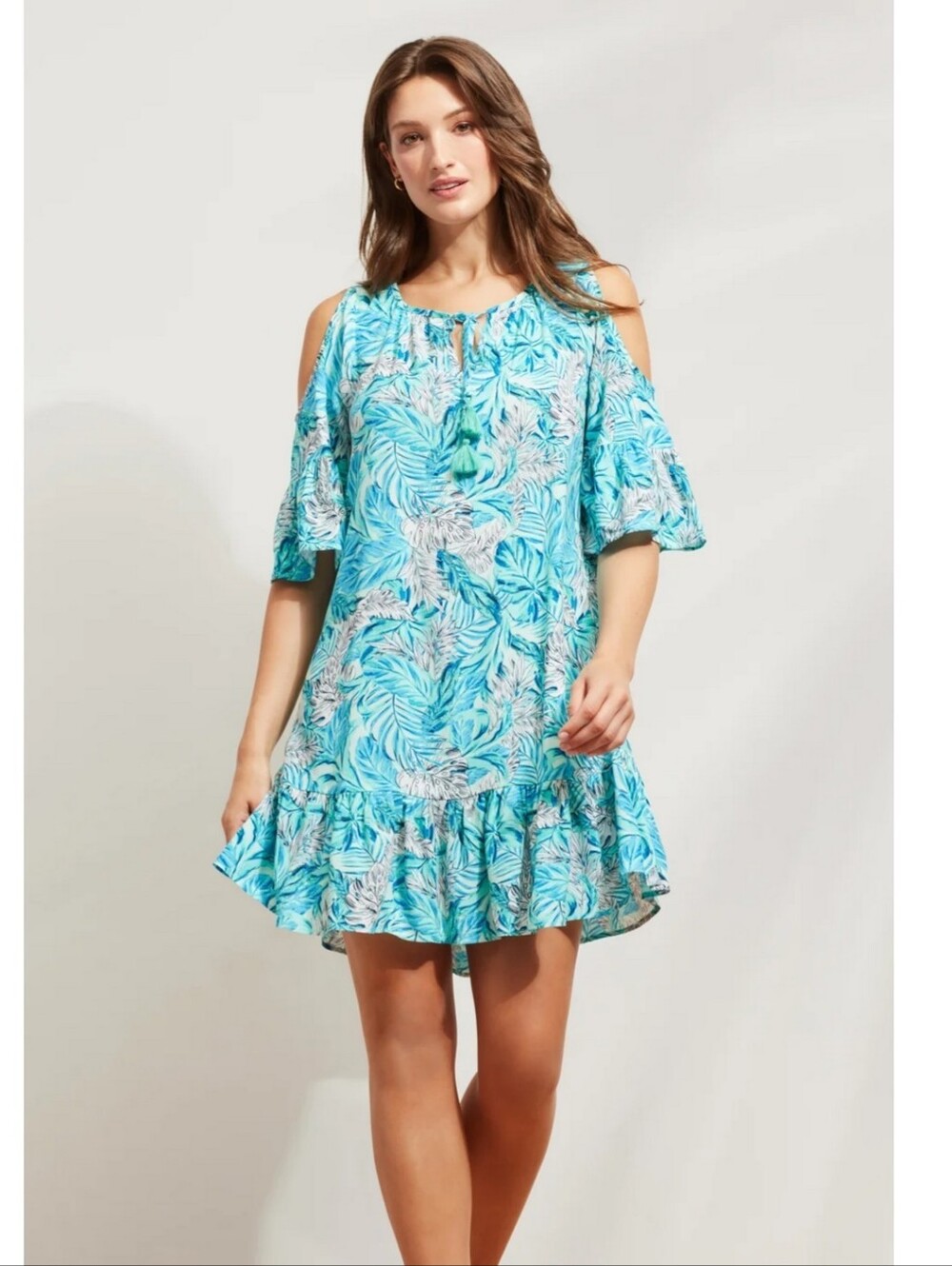 Caribbean Joe Tropical Blue Leaf Cold-Shoulder Sundress Size Medium 100% Rayon